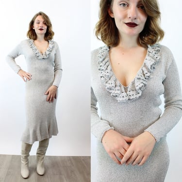 1940s SILVER LUREX knit dress small | new winter 