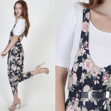 1980s Floral Suspender Jumpsuit - Small, Stretchy 80s Tapered Harem Pants 