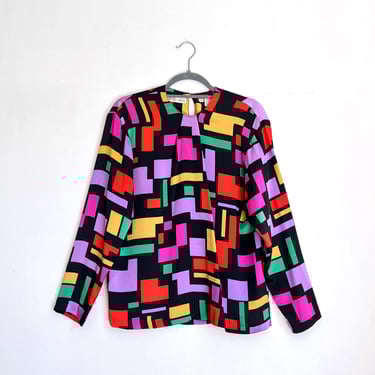 Vintage Women's 80s Josephine Chaus Colorful Geometric Print Silk Blouse Size 10 