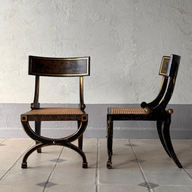 Pair of Regency Ebonized and Parcel Gilt Armchairs in the Manner of Thomas Hope, Circa 1820