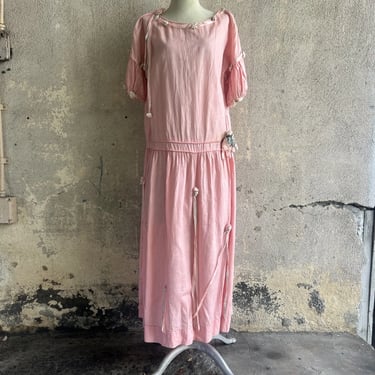 Antique 1920s Pink Linen May Queen Dress Rosettes Blue Silk Ribbon   Vintage