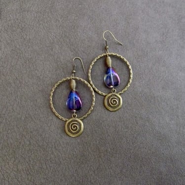 Bronze and purple glass hoop earrings 