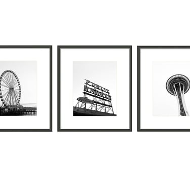 Seattle Print Set, Black White Set of 3 Photo, Travel Print Pacific Northwest, Space Needle Wall Art, Pike Place Market, Seattle Great Wheel 
