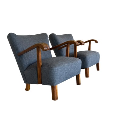 Pair of 1940s Steel Gray Mohair Oak Danish Arm Chairs by Alfred Christensen