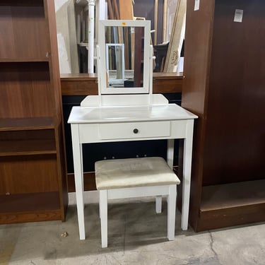 Small Vanity with Mirror and Cushioned Stool