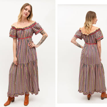 Vintage 1970s 70s Full Length Daisy Floral Pin Striped Prairie Gown Dress w/ Off The Shoulder Neckline, Crochet Lace // Plus Size 