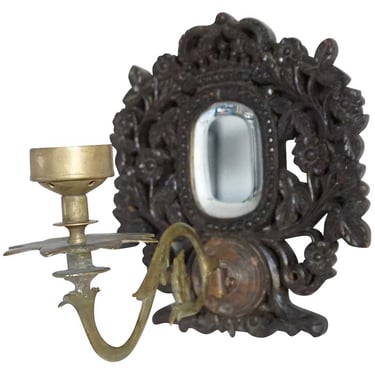 Antique Indo-Portuguese Goan Teak, Brass and Mirrored One-Arm Candle Wall Sconce 