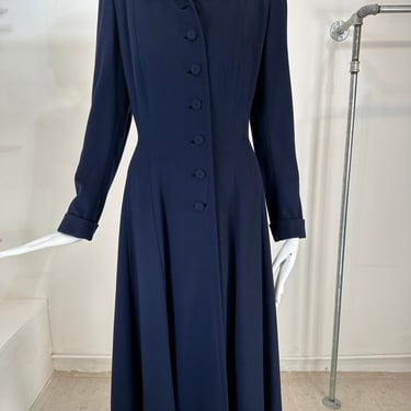 1940s Navy Blue Wool Princess Coat Peterson Gerzog Providenece Rhode Island