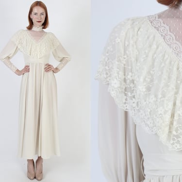 Vintage 70s Victorian Lace Dress, Floral Embroidered Sheer Capelet, Historical Period Antique Wedding Gown 