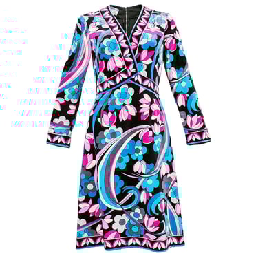 Pucci 1970's Velveteen Black, Pink, and Blue Floral Print Dress  -OLDBS