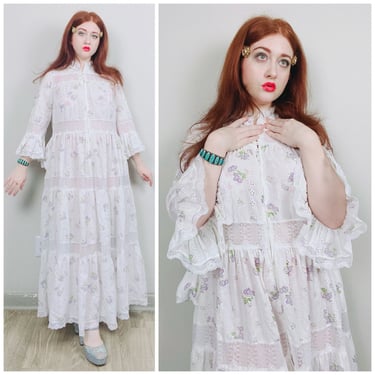 1970s Vintage David Brown Cotton Floral Swing Dress / 70s / Seventies Lavender Lace Illusion Bell Sleeve Maxi Lounge Gown / Medium - Large 