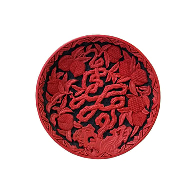 Chinese Red Resin Lacquer Round Peach Tree Relief Carving Accent Plate ws3349E 