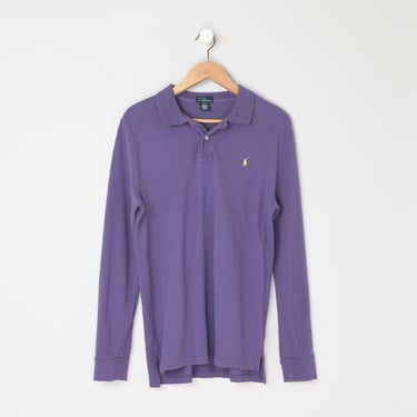 Vintage 90s Polo Ralph Lauren Purple Long-Sleeve Polo - nineties, yellow emblem, button collar, preppy - Youth XL // Men's S 