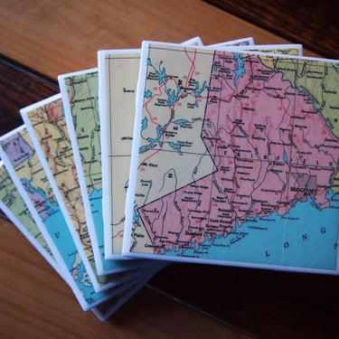 1956 Connecticut Map Coaster Set of 6. State Map. Vintage Connecticut Coasters. State Gift. New Haven Map. Hartford Gift. Bridgeport Map. 