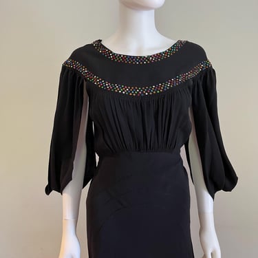 Into The Garden of Life - Vintage 1930s Black Crepe Rayon Evening Gown Dress w/Split Sleeve Drape - 4 