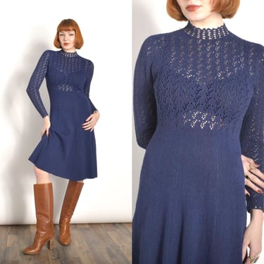 Vintage 1970s Dress / 70s Sheer Knit Dress / Navy Blue ( XS S ) 