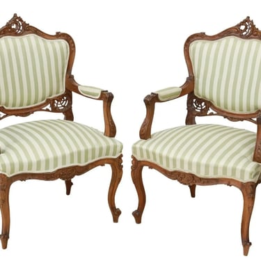 Antique Fauteuils, Chairs, (2) Pair, Louis XV Style Upholstered, Carved, 1800's!