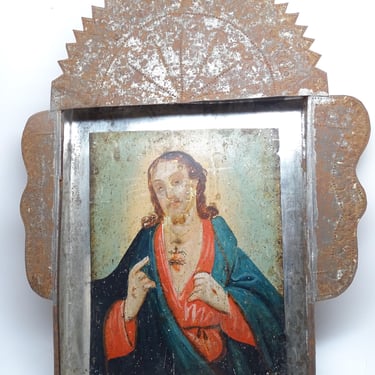 Antique 1800's Retablo in Nicho, Sacred Heart of Jesus Original Oil Painting on Tin, Vintage Religious Folk Art 