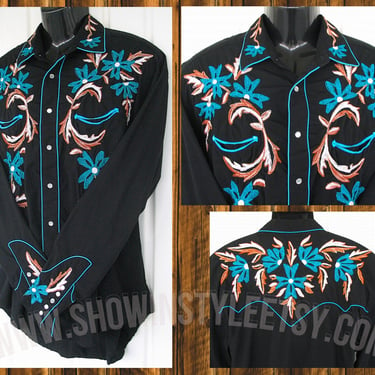 Vintage Retro Western Men's Cowboy & Rodeo Shirt by White Horse, Embroidered Turquoise and Beige Flowers, Tag Size XLarge (see meas. photo) 