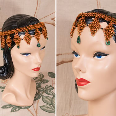 1950s Headdress - Rare Copper Link Theatrical Crown Headdress with Green Glass Beads Wedding Bridal 