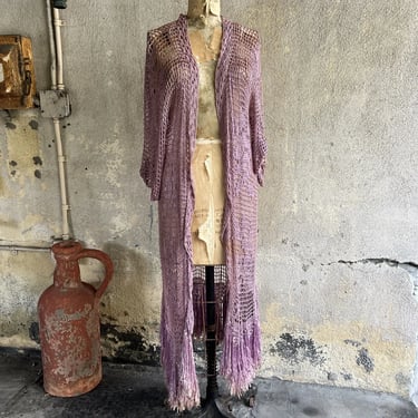 Vintage 1930s Purple Lavender Crochet Knit Dress Jacket  Fringe Butterfly