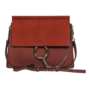 Chloe - Brown Leather & Suede Fold-Over "Faye" Shoulder Bag w/ Ring Hardware