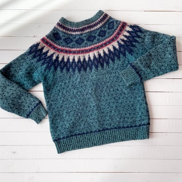 Fair Isle sweater | 80s 90s vintage Woolrich teal blue Nordic folk style cottagecore knitted sweater 