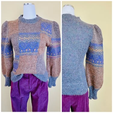 1980s Vintage Courtney Rhodes Wool Puffed Sleeve Sweater / 80s Patchwork Knit Blue and Brown Cottage Core Jumper / Size Medium 