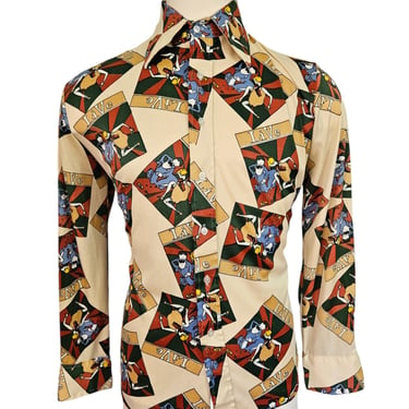 Billy Best 1970's Men's Tan Art Deco People Novelty Print Disco Shirt I Sz Lrg I Chest: 46