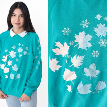 90s Leaf Sweatshirt Snowflake Print Teal Green Graphic Maple Leaves Collar Slouchy Pullover Morning Sun Sweater Retro Vintage 1980s Large 
