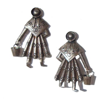 Vintage Sterling Peruvian Earrings Woman & Pail Articulated Figural 