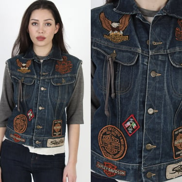 Lee Riders Motorcycle MC Club Denim Vest With Harley Davidson Patches - Size 36 