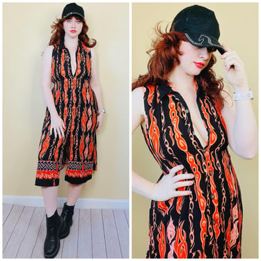 1990s Vintage Joselle's Fire Print Rayon Dress / 90s Tattoo Button Up Orange Black Dress / Size XL 