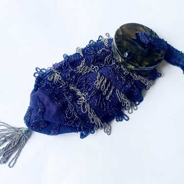 1900s Navy Beaded Pouch Bag | 1900s Blue & Silver Beaded Purse 