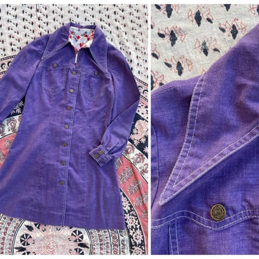 Vintage 1970’s dagger collar tunic blouse | purple wide collar top with floral print lining, fitted silhouette, mini dress, XS/S 