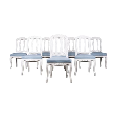 DELIVERY CHARGE French Louis XV Provincial Style Painted Dining Chairs W/ Light Blue Linen - Set of 8 