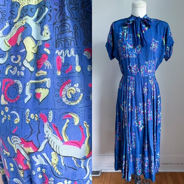 Vintage 1940s Silk Folklore Novelty Print Dress / XS 