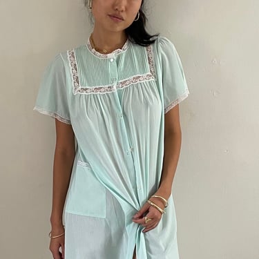 60s house dress / vintage pastel mint green seafoam lightweight cotton short sleeve peignoir button front robe house dress | Medium Large 