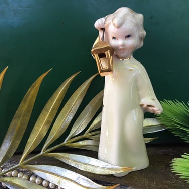 Vintage Angel Made In Italy, White Angel With Gold Stars Holding Lantern, Christmas Angel Figurine 