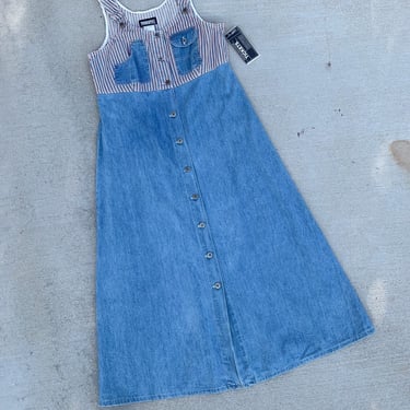 Vintage NWT 90's Tickets Mervyns Denim Striped Button-down Denim Jean Overall Dress 