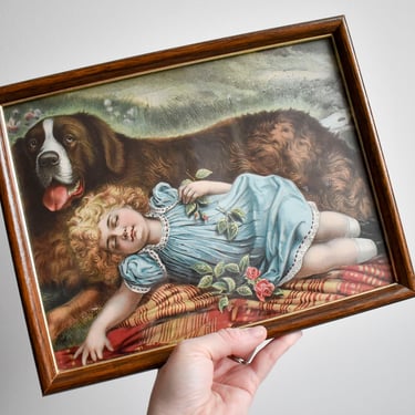 Vintage Framed Print of Sleeping Girl with Dog 