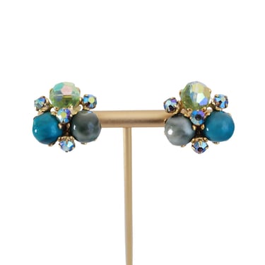 1960s Turquoise Bead & Aurora Borealis Rhinestone Earrings - 1960s Clip On Earrings - 1960s Cluster Earrings - 1960s Teal Earrings 
