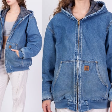 Vintage Carhartt Hooded Denim Jacket - Men's XL Regular | 90s 00s Blue Jean Blanket Lined Distressed Workwear Coat 