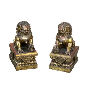 Pair Chinese Light Brown Copper Metal Foo Dog Lion Fengshui Figures ws4201E 