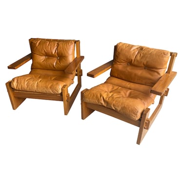 Pair of Leather Lounge Chairs by Maison Senac, France, 1970&#8217;s