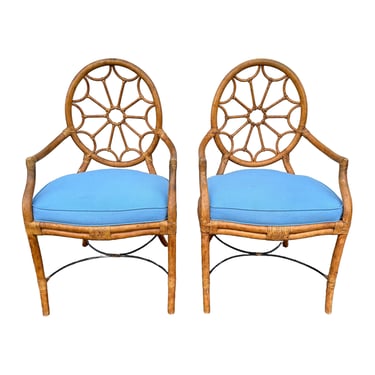 Rattan Spider Back Arm Chairs - Set of 2 Vintage Bent Wood Hollywood Regency Coastal Palm Beach McGuire Style Dining or Accent Armchair Pair 