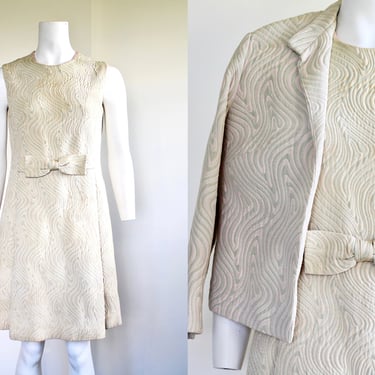 1960s Jacquard Silk Bow Waist Dress and Matching Jacket - Vintage Ransohoffs Two Piece Dress Set 