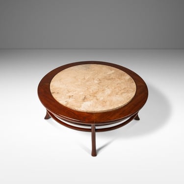 Mid-Century Modern Coffee Table in Walnut w/ Travertine Top Attributed to T.H. Robsjohn Gibbings, USA, c. 1950's 