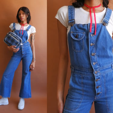 Vintage 70s Hang Ten Denim Overalls/ 1970s Button Up Blue Bell Bottom Jumpsuit/ Size XS 