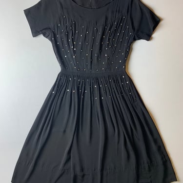 Vintage 50’s Black Rayon Studded Dress Size 2 Small 